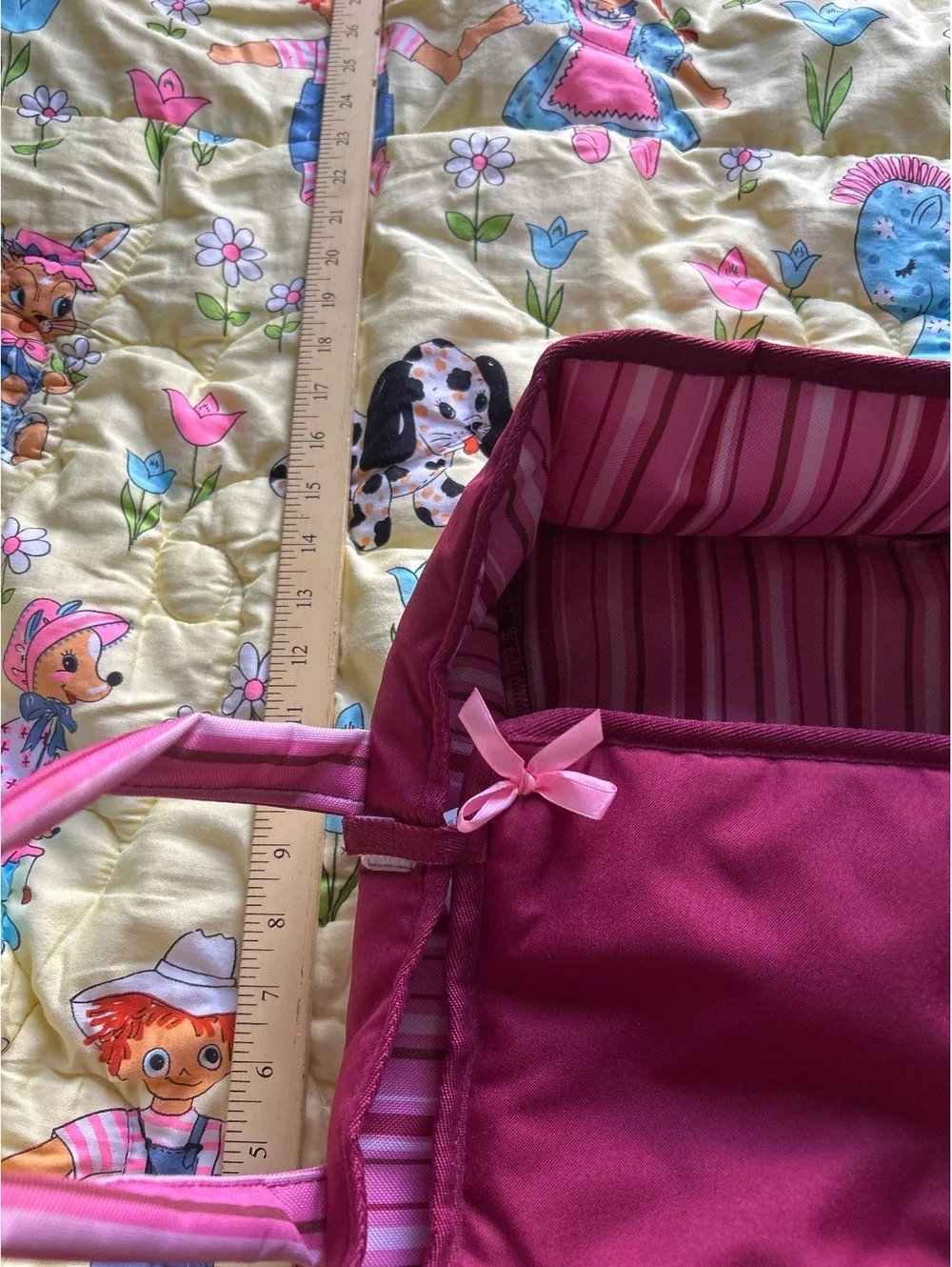Götz Doll Carrier in Burgundy with Pink Floral Embroidery and Striped Interior